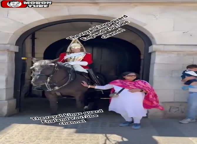 Video :She approaches a royal guard too closely, and the horse bites her